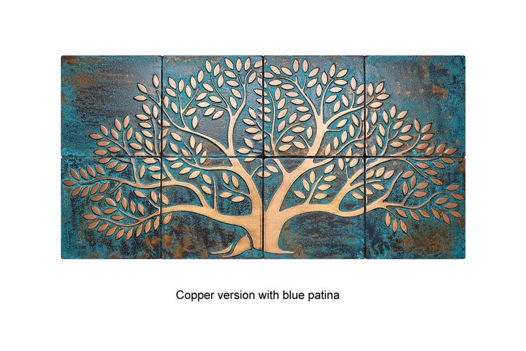 Wanddekoration mit Baum-Motiv, gefertigt aus Kupfer mit blauer Patina