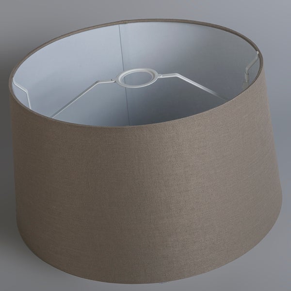 Runder Lampenschirm aus Stoff in Taupe mit weißer Innenseite und Metallgestell.