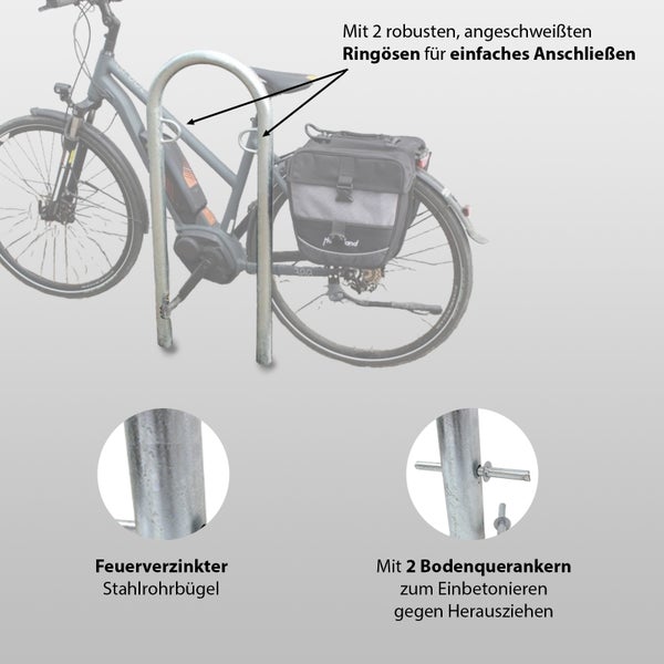 Fahrradanlehnbügel aus feuerverzinktem Stahl mit zwei angeschweißten Ringösen und Bodenanker