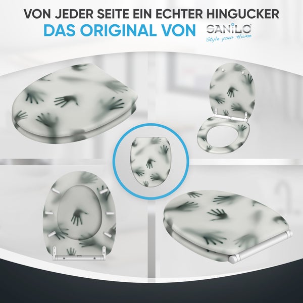 SANILO Toilettensitz mit Handabdruck Motiv in verschiedenen Ansichten zur Montage auf der Toilette