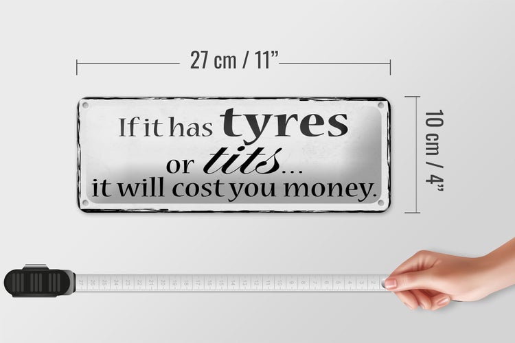 Blechschild Spruch 27x10cm if has tyres or tits will cost Dekoration