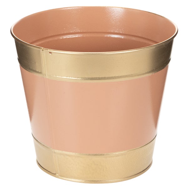 Runder Pflanztopf aus Metall mit dekorativem Band in Gold und Apricot.