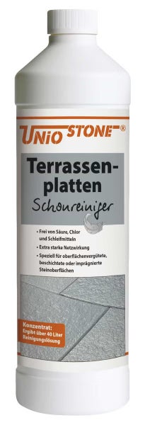 UNIO STONE Terrassenplatten Schonreiniger, Konzentrat für circa 40 Liter Reinigungslösung, säurefrei und chlorfrei.