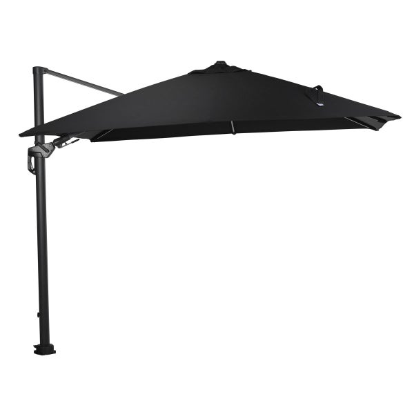 Schwarzer Ampelschirm mit Metallgestell für Garten oder Terrasse.