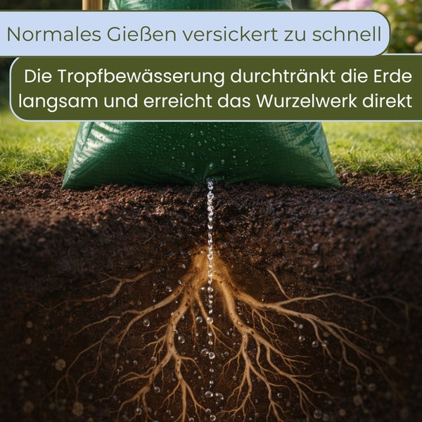 Illustration of drip irrigation with watering bag reaching plant roots directly