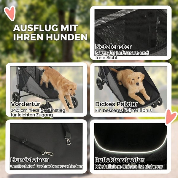 Produktübersicht für einen Hundewagen mit Netzfenster, niedrigem Einstieg von 24,5 Zentimetern, Polsterung, Sicherheitsleinen und Reflektorstreifen.