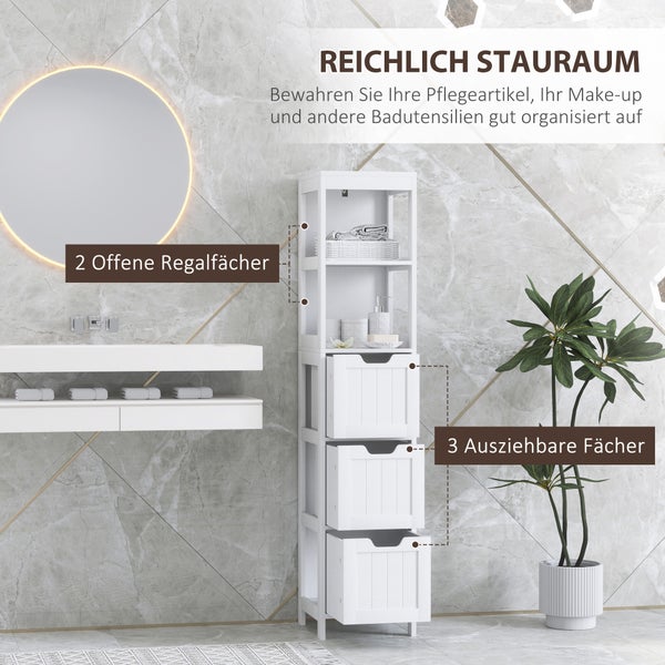 HOMCOM Badezimmerschrank Badschrank, Bad Hochschrank mit 3 Schubladen, 2 offenen Fächern, Aufbewahrungsschrank für Badezimmer, Wohnzimmer, Weiß, 30 x 30 x 142,4 cm
