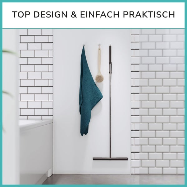 Wasserschieber Edelstahl Hochglanz poliert mit Silikonhalterung ohne Bohren - Bodenabzieher Dusche mit Lippe und Griff aus Silikon - Abzieher Dusche Boden optimiert - Wasserabzieher Boden ergonomisch