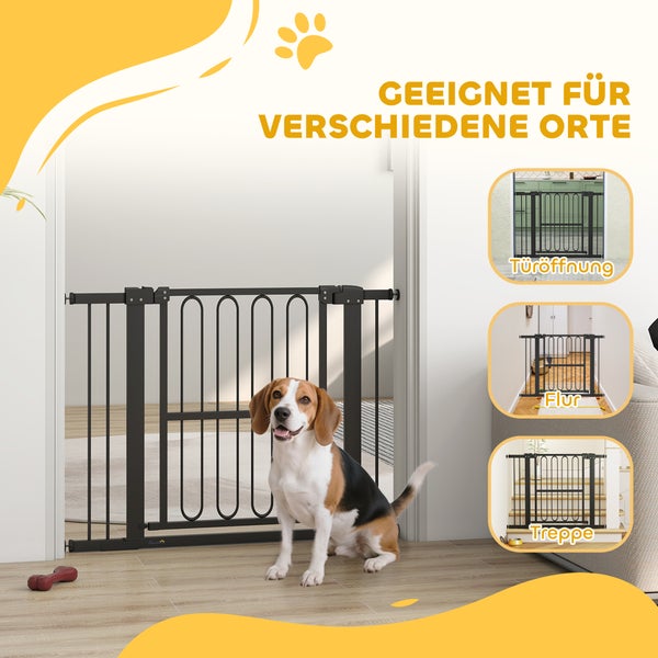 Hund steht vor einem schwarzen Schutzgitter für verschiedene Orte