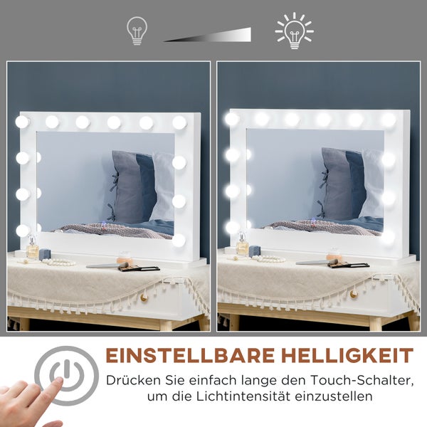 HOMCOM Hollywood Spiegel mit Beleuchtung, Schminkspiegel mit Touchschalter, Kosmetikspiegel mit 12 Dimmbare LED Lampen, 80 x 60 cm Make Up Spiegel mit Memoryfunktion, Weiß