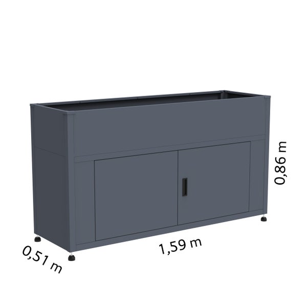 Rechteckiges Hochbeet aus Metall in Anthrazit mit Stauraum, Maße 1,59 Meter mal 0,51 Meter mal 0,86 Meter.