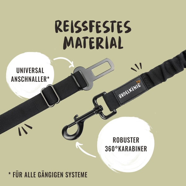 RudelKönig Logo auf einem reißfesten Material mit universellem Autogurtverschluss und robustem 360-Grad-Karabiner