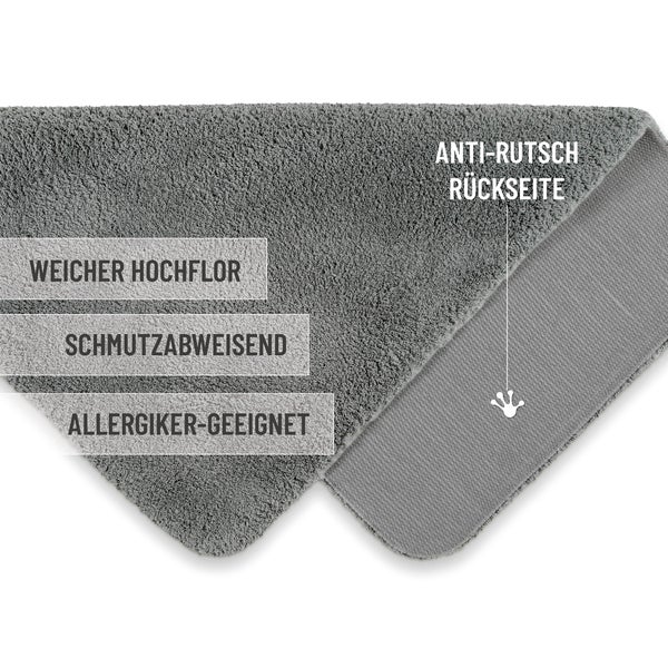Hochflor Teppich mit weicher Oberfläche, schmutzabweisend, allergikergeeignet und rutschfester Rückseite.