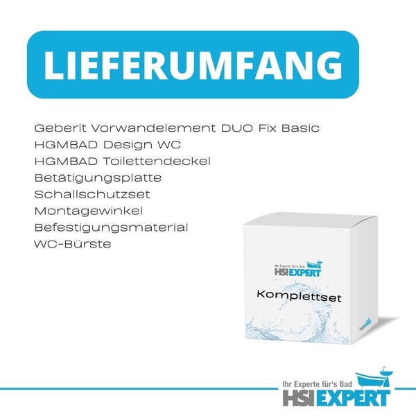 Lieferumfang des Komplettsets mit Geberit Vorwandelement, Design WC, Toilettendeckel, Betätigungsplatte, Schallschutzset, Montagewinkel, Befestigungsmaterial und WC-Bürste