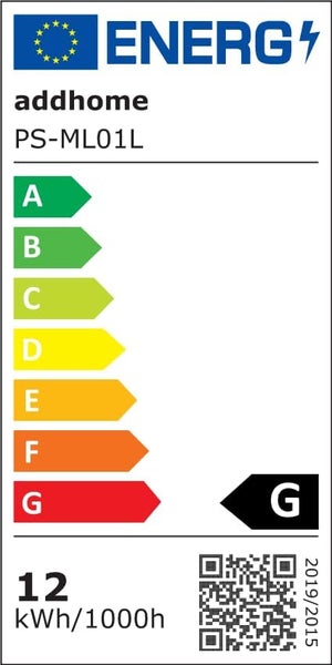 Energielabel der Europäischen Union für addhome Modell PS-ML01L, Effizienzklasse G, Verbrauch 12 Kilowattstunden pro 1000 Stunden.