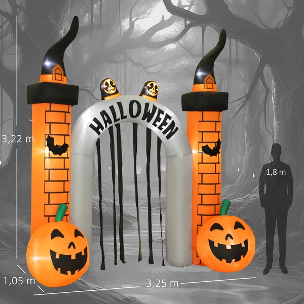 Aufblasbarer Halloween-Bogen mit Kürbissen, Hexenhüten und dem Schriftzug Halloween als Dekoration für Halloweenpartys