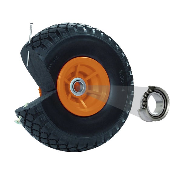 Rad mit Reifenpanne, Nagel, Schraube und Kugellager