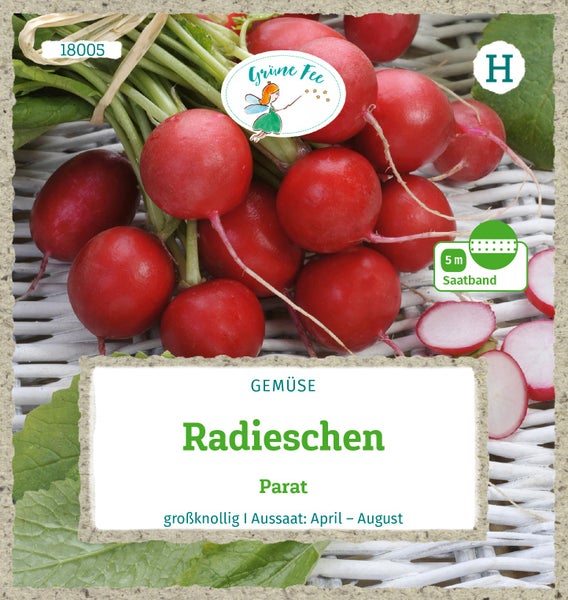 Rückseite der Saatgutpackung für Radieschen Parat Saatband 5 Meter mit Informationen zu Aussaat, Kultur, Standort, Ernte und Graspapier-Verpackung.