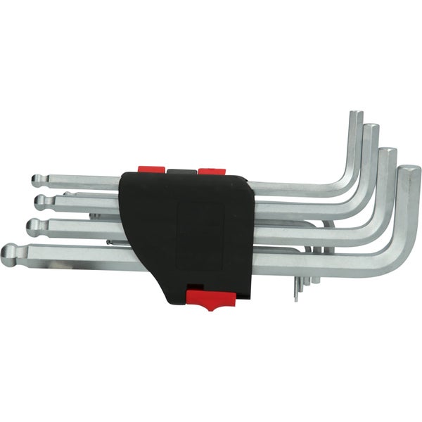 Winkelschlüsselsatz mit Kugelkopf, silberne Innensechskant-Schlüssel aus Metall in einem schwarz-roten Halter.