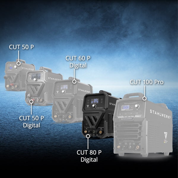 Vergleich verschiedener Stahlwerk Plasmaschneider: CUT 50 P, CUT 50 P Digital, CUT 60 P Digital, CUT 80 P Digital und CUT 100 Pro.