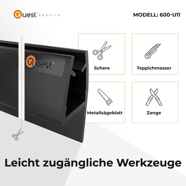 Quest Profile Logo. Quest Profil Modell 600-U11 mit empfohlenen Werkzeugen wie Schere, Teppichmesser, Metallsägeblatt und Zange.