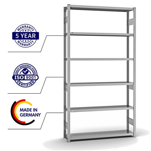 PROREGAL Fachbodenregal Stecksystem T-Profil Heavy-Duty Grundregal HxBxT 250 x 130 x 30 cm 6 Ebenen Fachlast 300 kg Beidseitig Nutzbar Verzinkt
