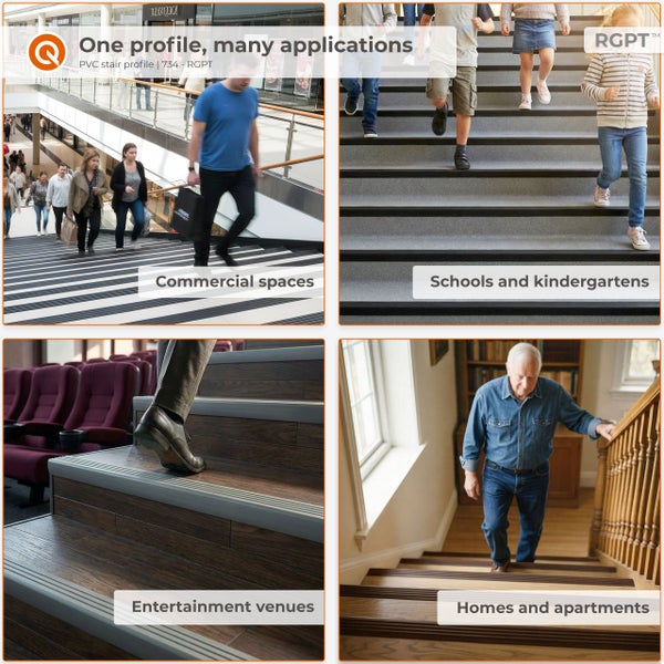 PVC Treppenprofil 734 in verschiedenen Anwendungsbereichen wie Gewerbe, Schulen, Kinos und privaten Wohnräumen für mehr Sicherheit auf Treppen.