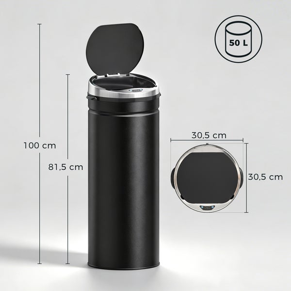 Sensor-Abfalleimer mit 50 Liter Fassungsvermögen. Höhe 81,5 Zentimeter, mit offenem Deckel 100 Zentimeter, Durchmesser 30,5 Zentimeter.