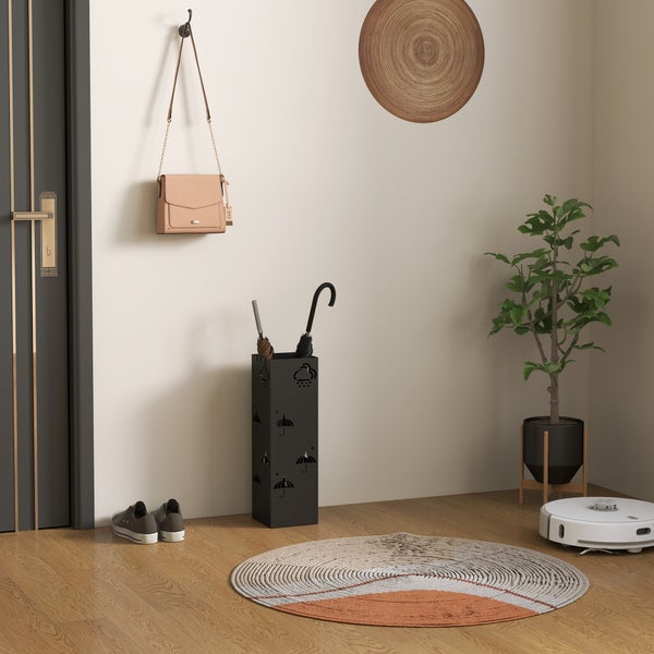 HOMCOM Schirmständer Regenschirmhalter mit 4 Haken, abnehmbare Wasserauffangschale Deko Schirmhalter für Sonnenschirm, Regenschirme & Gehstöcke Stahl 15,5 x 15,5 x 49 cm Schwarz