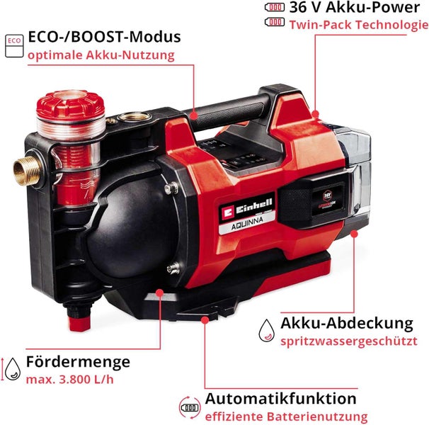 Einhell Akku-Gartenpumpe Aquinna mit Features: 36 Volt Twin-Pack, ECO-BOOST-Modus, Fördermenge 3800 Liter pro Stunde, spritzwassergeschützter Akku.