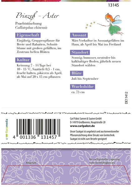 Rückseite der Samenpackung für Prinzess-Aster mit Informationen zu Anbau, Standort, Blütezeit, Wuchshöhe, Barcode und Hersteller Carl Pabst.