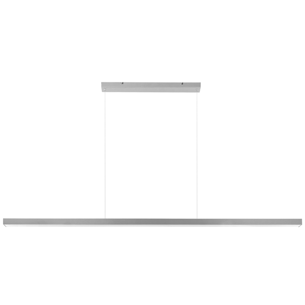 Moderne lineare LED-Pendelleuchte aus silberfarbenem, gebürstetem Metall mit rechteckiger Deckenhalterung.