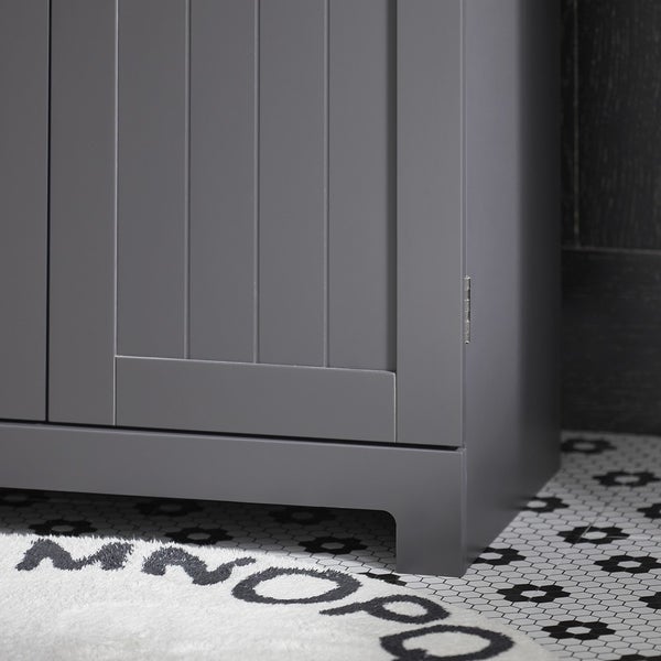 Detailansicht eines grauen Badezimmerunterschranks mit Türen