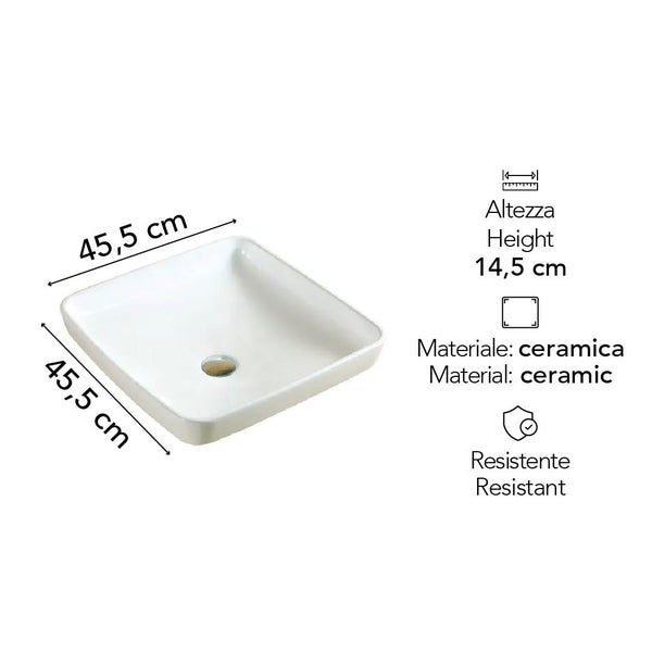 Quadratisches Aufsatzwaschbecken aus Keramik, Maße 45,5 mal 45,5 Zentimeter, Höhe 14,5 Zentimeter, widerstandsfähiges Material.