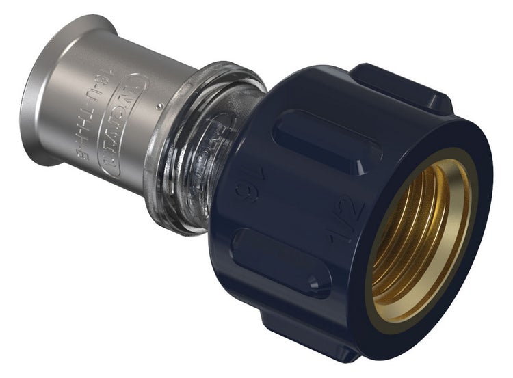 Wavin Tigris K1 Übergang mit Innengewinde, 16 Millimeter mal 1/2 Zoll, Pressfitting aus Metall und Kunststoff.