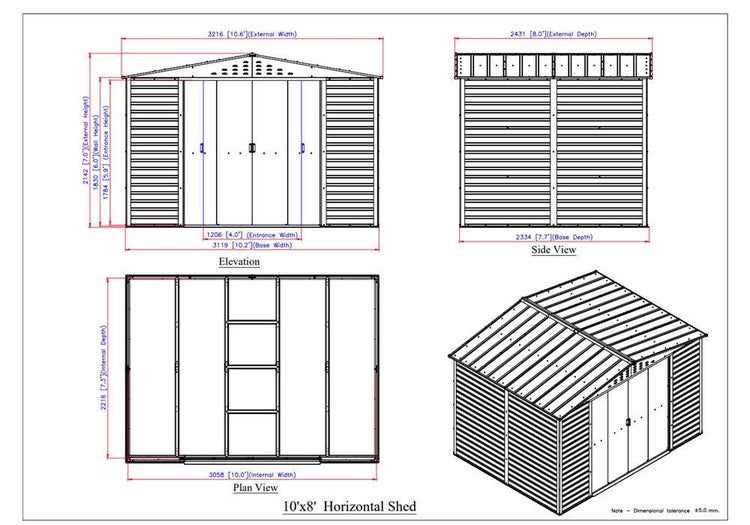 Technische Zeichnung eines horizontalen Gartenhauses mit Maßangaben für Breite, Höhe und Tiefe in verschiedenen Ansichten.