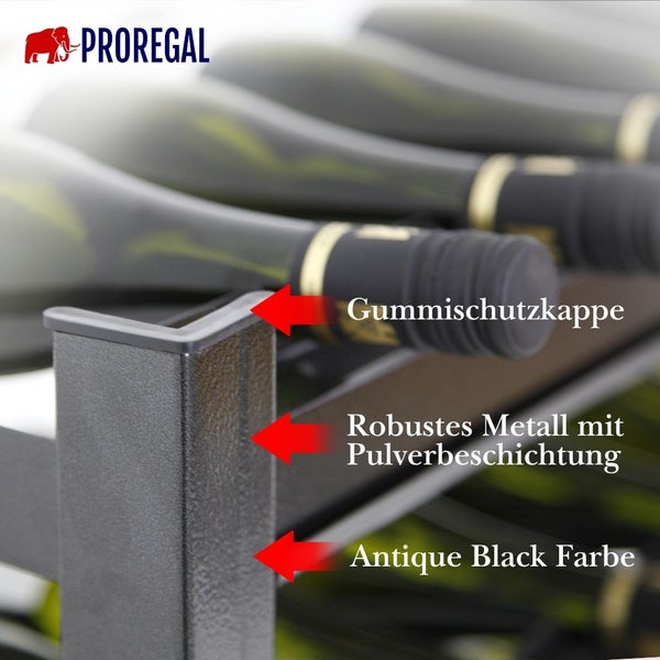 Proregal Logo. Detailansicht eines Weinregals aus pulverbeschichtetem Metall mit Gummischutzkappe und gelagerten Weinflaschen.