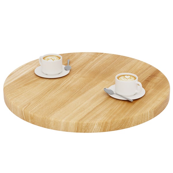 Runde Tischplatte aus Massivholz mit natürlicher Maserung, dargestellt mit zwei Kaffeetassen.