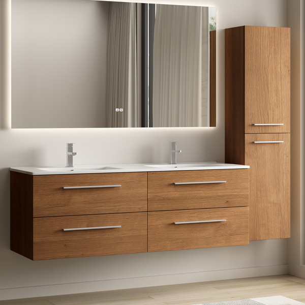 Modernes Badezimmermöbel Set mit Doppelwaschbecken, Unterschrank in Holzoptik, Hochschrank, beleuchtetem Spiegel und Armaturen an einer Wand.