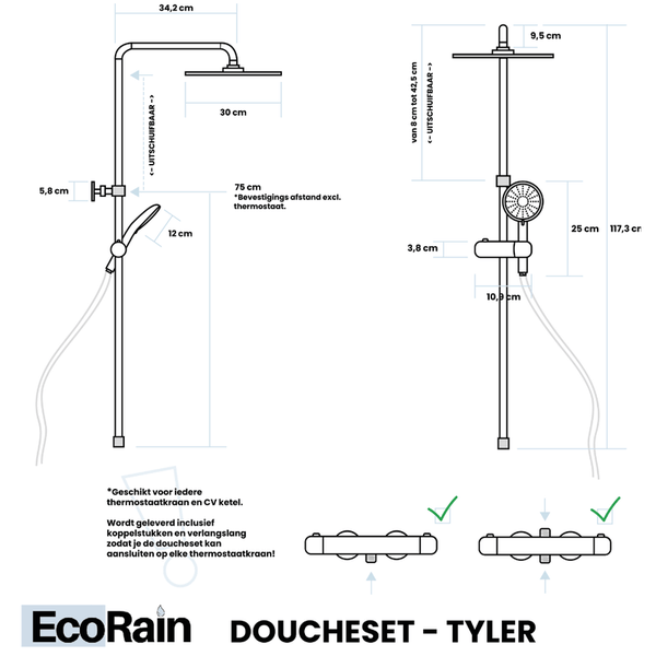 EcoRain 30% Wassersparender Regendusch-Duschset Tyler 30 CM Quadrat - Handbrause 12 CM - Hoher Druck - Universell - Anti-Kalk Duschkopf - Schwarz