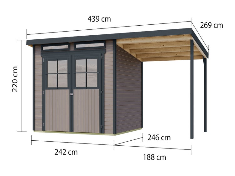 Gartenhaus aus Holz mit Anbaudach, Gesamtbreite 439 Zentimeter, Gesamttiefe 269 Zentimeter, Höhe 220 Zentimeter, Doppeltür mit Fenstern.
