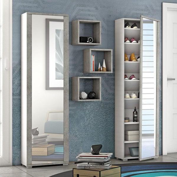 Flurmöbelset mit Spiegel, Schuhschrank und Wandregalen