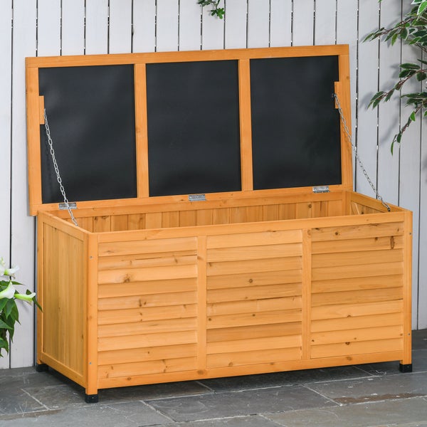 Geöffnete Gartenbox aus Holz mit Lamellenoptik