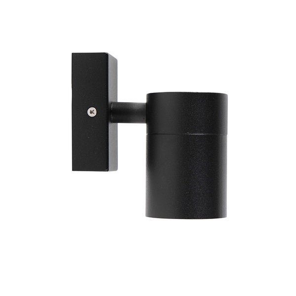 Moderne schwarze Außenwandleuchte aus Metall mit zylindrischem Lampenkopf.