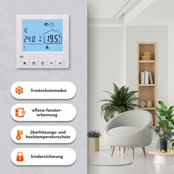 Raumthermostat mit Frostschutzmodus, Fenstererkennung, Überhitzungsschutz und Kindersicherung in modernem Wohnraum.