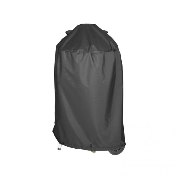 Schwarze Abdeckhaube für Kugelgrills aus wetterfestem Material zum Schutz vor Witterungseinflüssen.