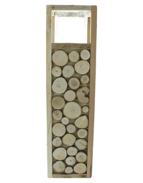 FRANK FLECHTWAREN | Windlichtsäule Holzscheibchen, HOLZ, GLAS, 16 x 16 x 58 cm, Glas Ø 12 x 12 cm