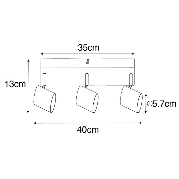 Technische Zeichnung einer Deckenleuchte mit drei Strahlern und Maßangaben