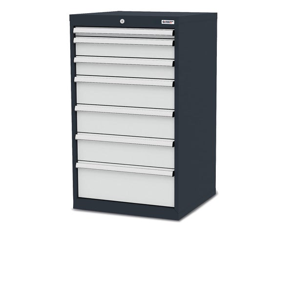 Schubladenschrank aus Metall mit acht verschieden hohen Schubladen und Zentralschloss. Werkzeugstore24 Logo.