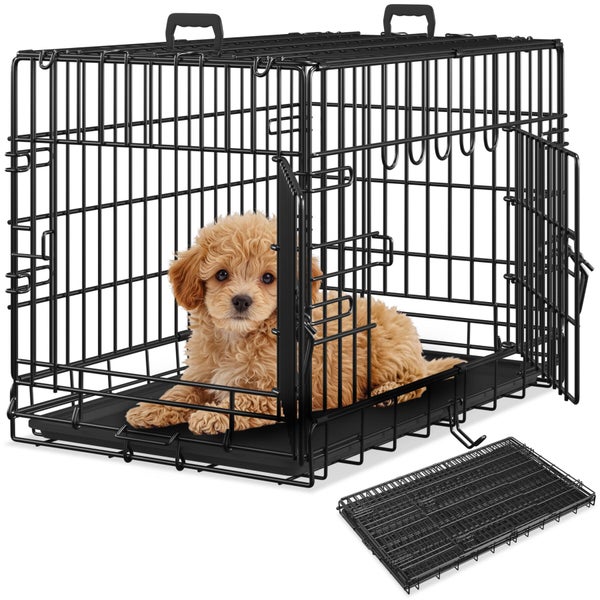 Zusammenfaltbare Hundebox aus Metalldraht mit Wanne und zwei Griffen, abgebildet mit Welpen sowie in flach gefaltetem Zustand.